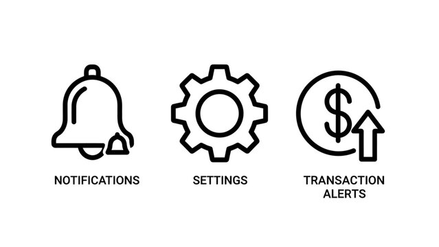 Digital application user interface icons for mobile app notification settings and financial transaction alerts with notification settings transaction interface business preference increase