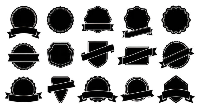 Set of white outline vintage badge and emblem frames with ribbons on a black background, collection of circular and shield shapes