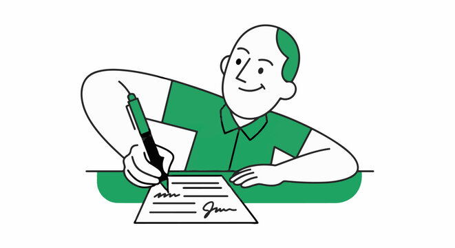 Cheerful man signing important document with green pen.