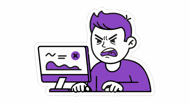 Frustrated young man staring at crashing computer screen.