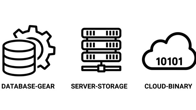 Digital data storage and cloud computing system icons with database computing technology infrastructure information communication optimization abstract internet management security platform