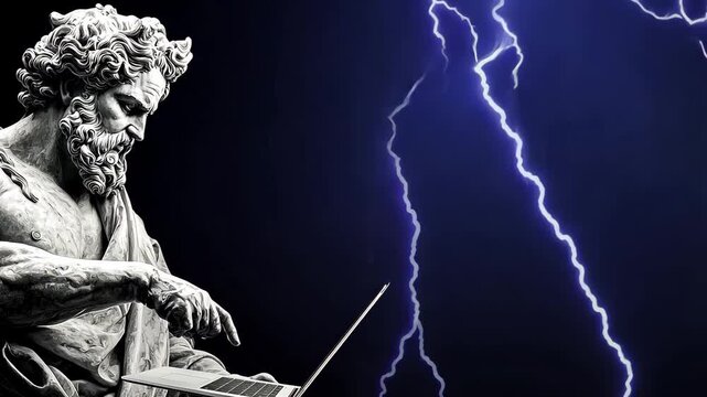 A statue of a mythological figure points towards a laptop as lightning strikes illuminate the dark background
