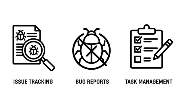 Software issue tracking bug reports and task management icon set with tracking management software development magnifying checklist programming assurance debugging workflow productivity