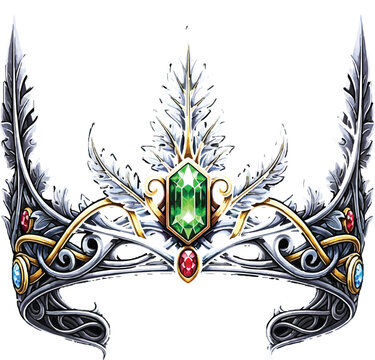 Crown features an elaborate silver design adorned with a brilliant green gemstone and ornate feather motifs.