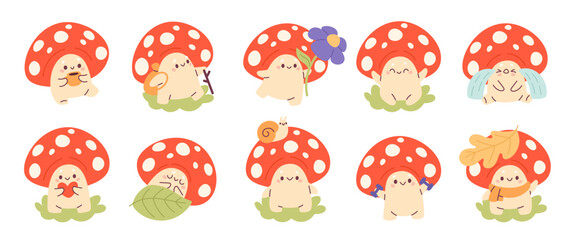 Obraz premium Cute fly agaric character. Funny medicinal or poisonous kawaii mushroom, comic fungus mascot decorative design, different playful poses and actions, garish vector cartoon isolated set