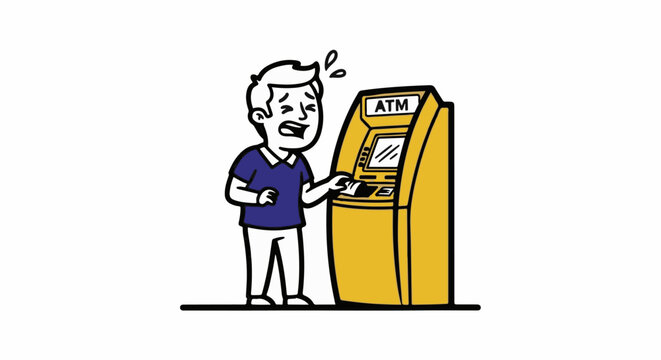 Frustrated man using an ATM machine for cash.
