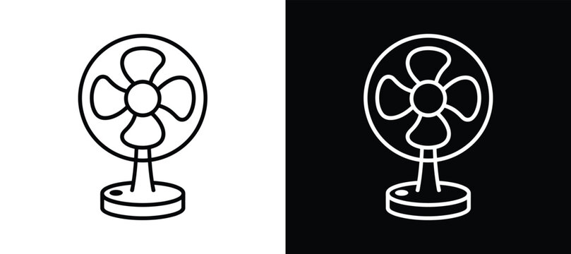 Desk Fan Icon Pair: A minimalist illustration featuring a desk fan in both black and white contrast, symbolizing versatility and simple design. modern home, cooling device, retro appliance.