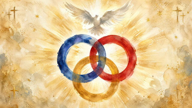 Trinity Sunday Watercolor Digital Painting with Borromean Rings Dove and Golden Light Rays on Warm Parchment Background, Artistic Sacred Banner 16:9