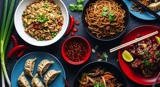 Assortment of Asian Dishes and Appetizers Served on Dark Table