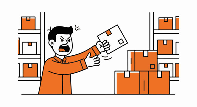 Frustrated warehouse worker dropping a heavy box.