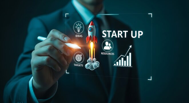 Businessman launching startup with virtual interface