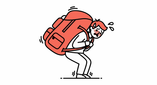 Cartoon person struggling with oversized heavy backpack load.