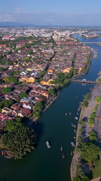 Aerial panoramic view of Hoi An city, Da Nang province, Vietnam. Panoramic footage of Hoian ancient town, UNESCO world heritage. One of the most travel popular touristic destinations 
