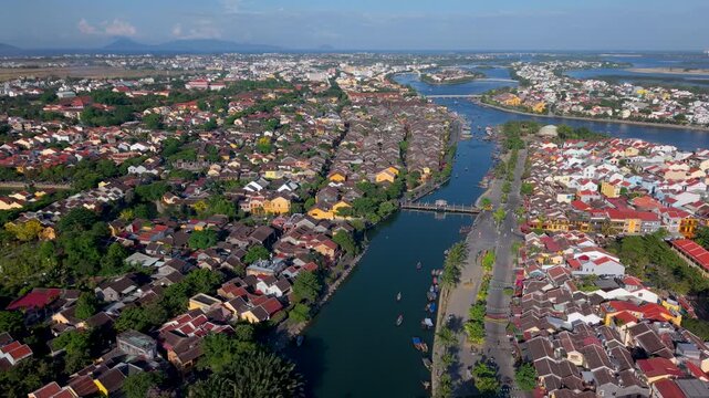 Aerial panoramic view of Hoi An city, Da Nang province, Vietnam. Panoramic footage of Hoian ancient town, UNESCO world heritage. One of the most travel popular touristic destinations 