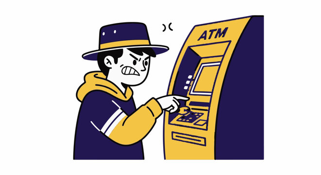 Cartoon character using an ATM machine happily.