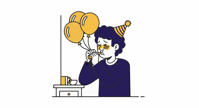 Playful person celebrating quietly with balloons indoors.