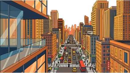 Bustling City Street Scene Illustration - Urban Business District Traffic & Pedestrians © Nuryanti