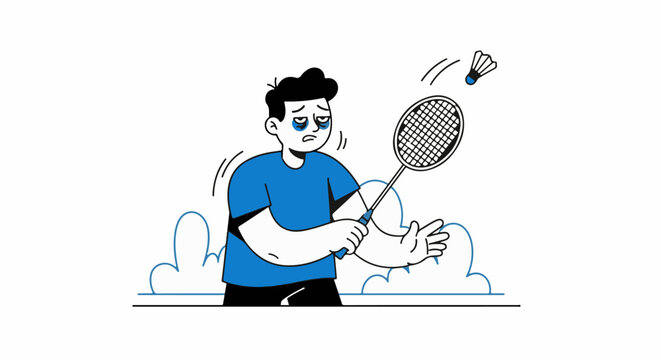 Cartoon man playing badminton with shuttlecock and racket.