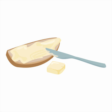 Cute bread slice with butter and table knife in warm bakery inspired colors. Cozy breakfast food illustration isolated on a clean background. Suitable for cafe menus, kitchen decor, bakery branding, c