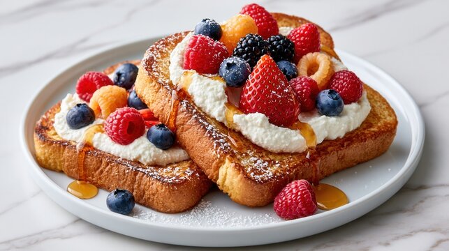Thick slices of french toast topped with fresh berries and dripping maple syrup.