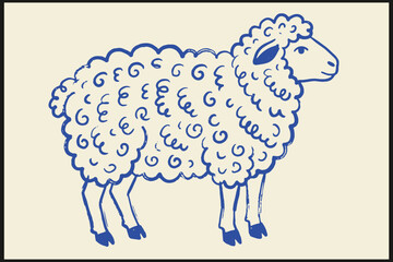 Minimal blue line drawing of sheep with curly wool standing on beige background showing stylized artistic design and gentle natural atmosphere © Abdul Waheed