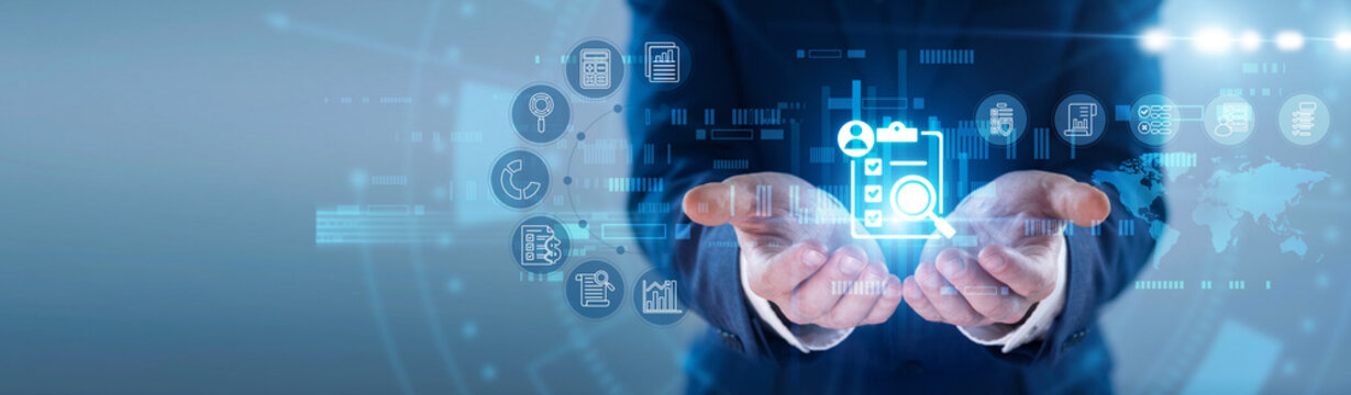 Analyst hands hold glowing ASSESSMENT icon. Auditor evaluating performance metrics, analyzing organizational capability on futuristic virtual screen interface. Concept of business evaluation.