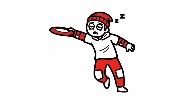 Cartoon character throwing frisbee with energetic expression.