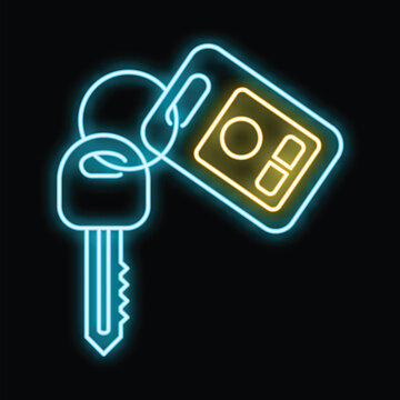 Car key with remote fob displaying a glowing neon light on a dark background