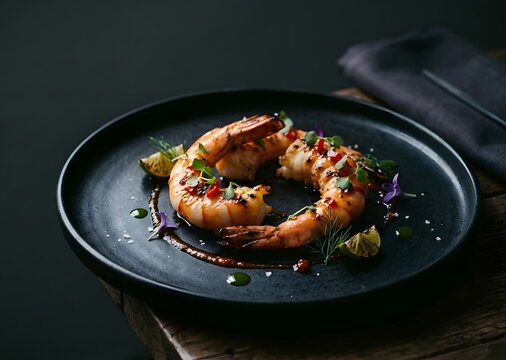 Minimal Luxury King Prawns Devil Fine Dining Composition with Elegant Cinematic Shadows and Negative Space