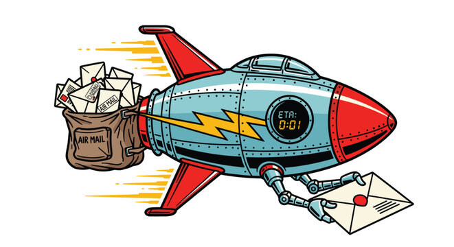 A vintage-style rocket ship carries a large brown sack of letters and grips an envelope in its robotic claws while flying through the air at high speed.