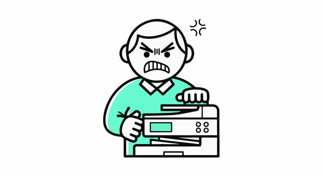 Frustrated man struggling with malfunctioning printer device.