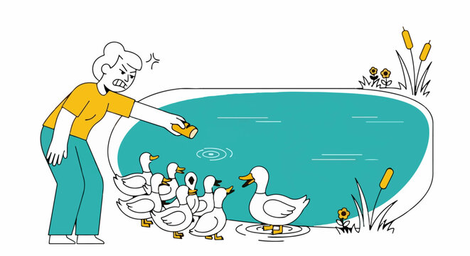 Person joyfully feeding ducks and ducklings by pond.