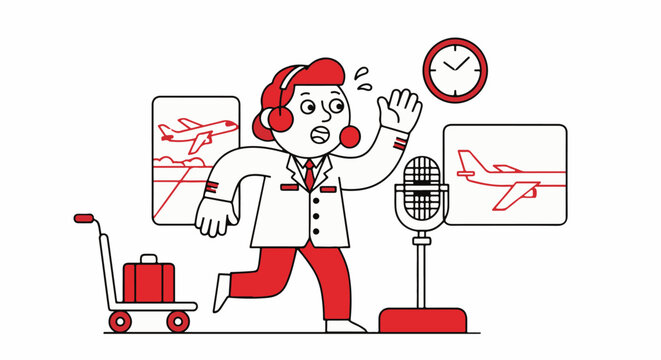 Stressed female air traffic controller managing flights urgently.