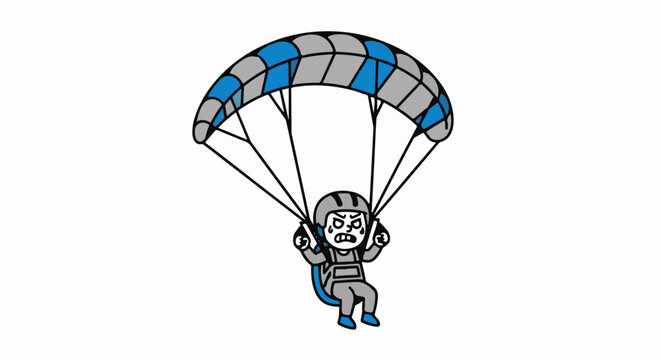 Whimsical cartoon character parachuting with colorful canopy.