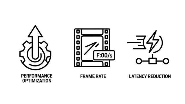 Technology icons: performance optimization framerate latency reduction with line art up arrow lightning bolt technology performance optimization framerate reduction efficiency processing