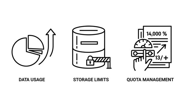 Data usage storage limits quota management icons with data analysis pie chart database management collection business technology information workflow planning organization computer