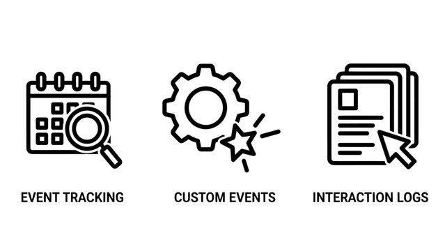 Event tracking custom events interaction logs icons with data analysis magnifying glass analytics tracking interaction monitoring management collection business technology information