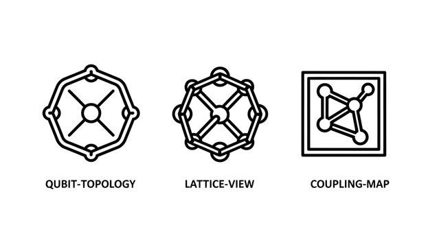 Abstract icons representing quantum computing concepts: qubit topology lattice view coupling map with computing topology coupling technology abstract illustration connection information