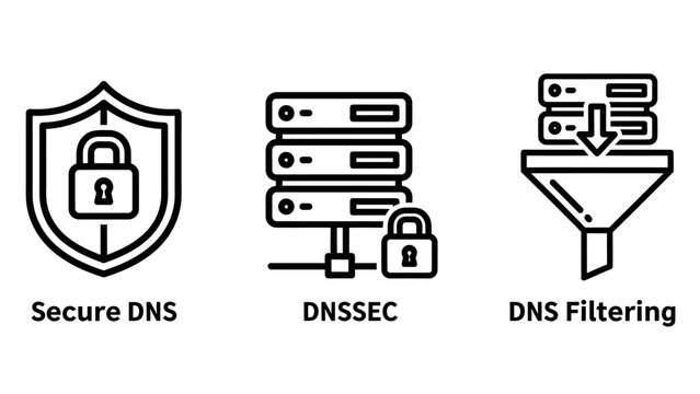 Secure dns dnssec dns filtering icons with computer network internet protocol domain name system online security internet computer protection protocol authentication firewall