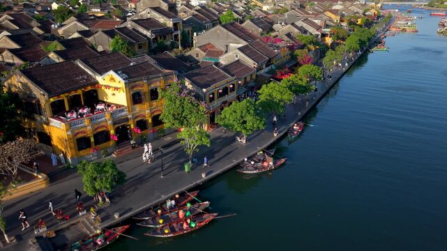 Aerial view of Hoi An old town or Hoian ancient town. Royalty high-quality free stock footage of Hoi An old town. Hoi An is UNESCO world heritage, one of the most popular destinations in Vietnam
