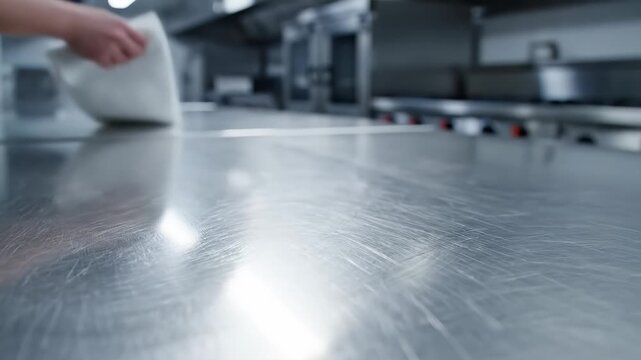 Hand Cleaning Stainless Steel Counter in Commercial Kitchen