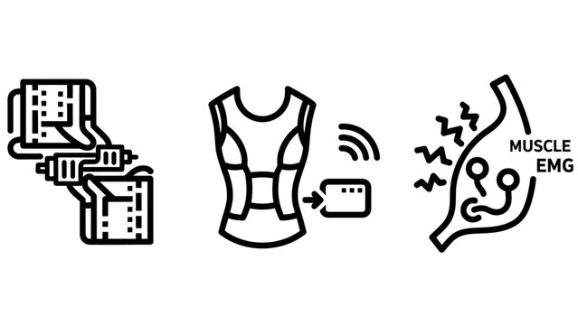Biotechnology and healthcare technology icons: emg sensor smart vest DNA with digital health technology icon science icon medical icon biotechnology healthcare technology research wearable