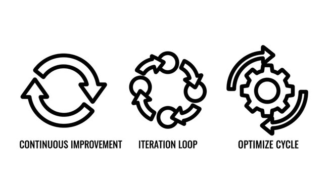 Icons representing continuous improvement iteration optimized cycle with iteration loop optimize cycle line art software development circular workflow cogwheel efficiency productivity