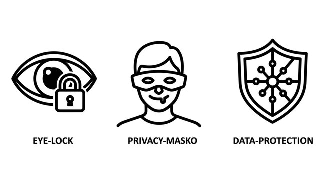Privacy and data security icons: eye lock masked figure shield with security system data breach anti virus threat detection security protection anonymous cybersecurity confidentiality