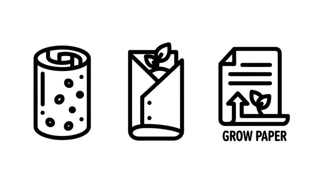 Eco-friendly icons depicting rolled-up seed paper plantable packaging grow paper for sustainable initiatives zero waste sustainable environment packaging material biodegradable handmade