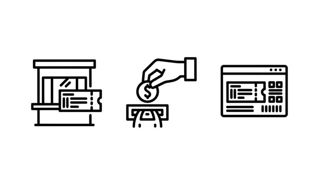 Ticket purchasing process icons showing a physical ticket office booth cash payment transaction online digital ticket booking window purchasing transaction entertainment transport commerce