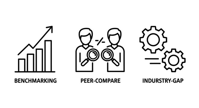 Business analysis concepts line icons: benchmarking peer comparison industry gap with peer compare magnifying glass line art benchmarking analysis comparison business strategy performance
