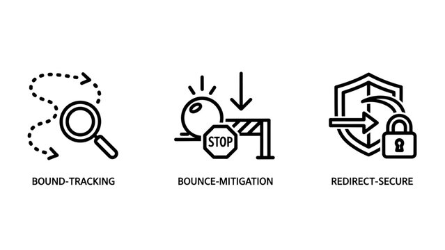 Digital security and website management icons: round tracking bounce mitigation secure redirect with magnifying glass user experience line art tracking mitigation redirect security internet