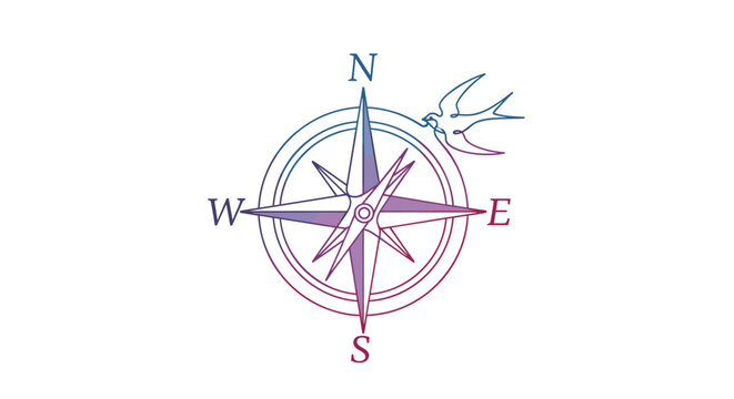 A line art compass rose featuring a delicate bird silhouette and cardinal directions is displayed on a white background with a subtle purple to blue gradient.