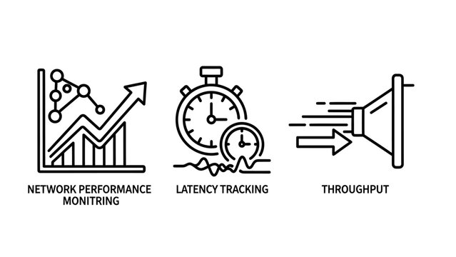Network performance monitoring latency tracking throughput speed measurement icons with data transfer internet speed digital network up time response time real time monitoring throughput